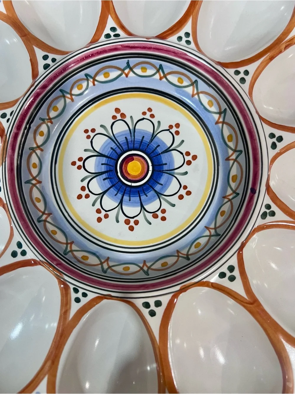 De La Cal Puente Spain Hand-Painted Ceramic Deviled Egg Platter | 12 eggs